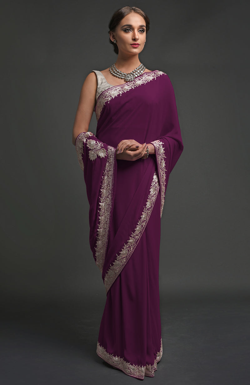 Plum Kashmiri Tilla Embroidered Georgette Saree