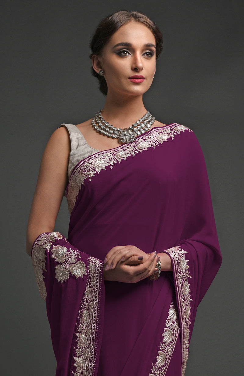 Plum Kashmiri Tilla Embroidered Georgette Saree