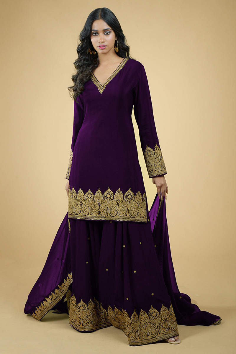 Plum - Gold Tilla Aari Embroidered Sharara Set