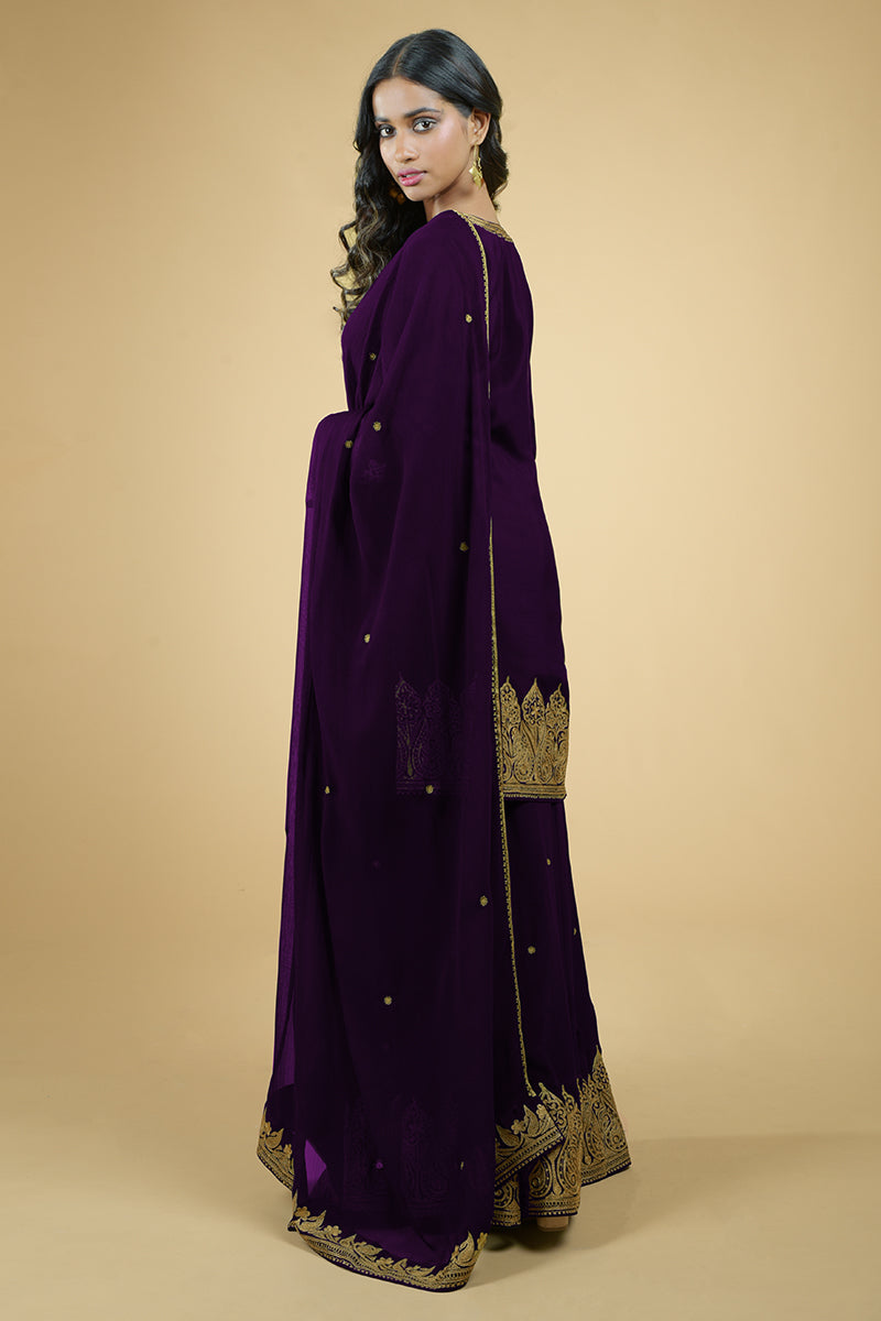 Plum - Gold Tilla Aari Embroidered Sharara Set