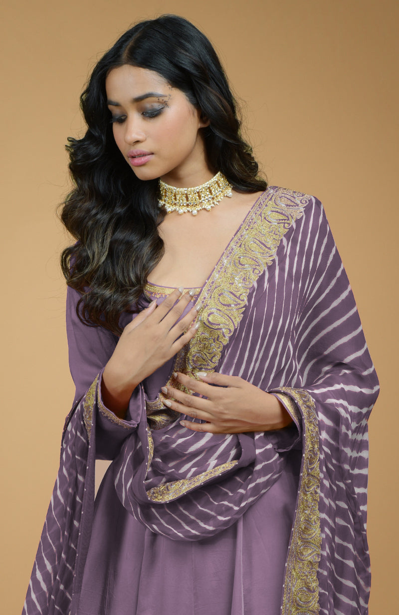 Lavender Leheriya-Tilla Embroidered Dupatta With Anarkali Set