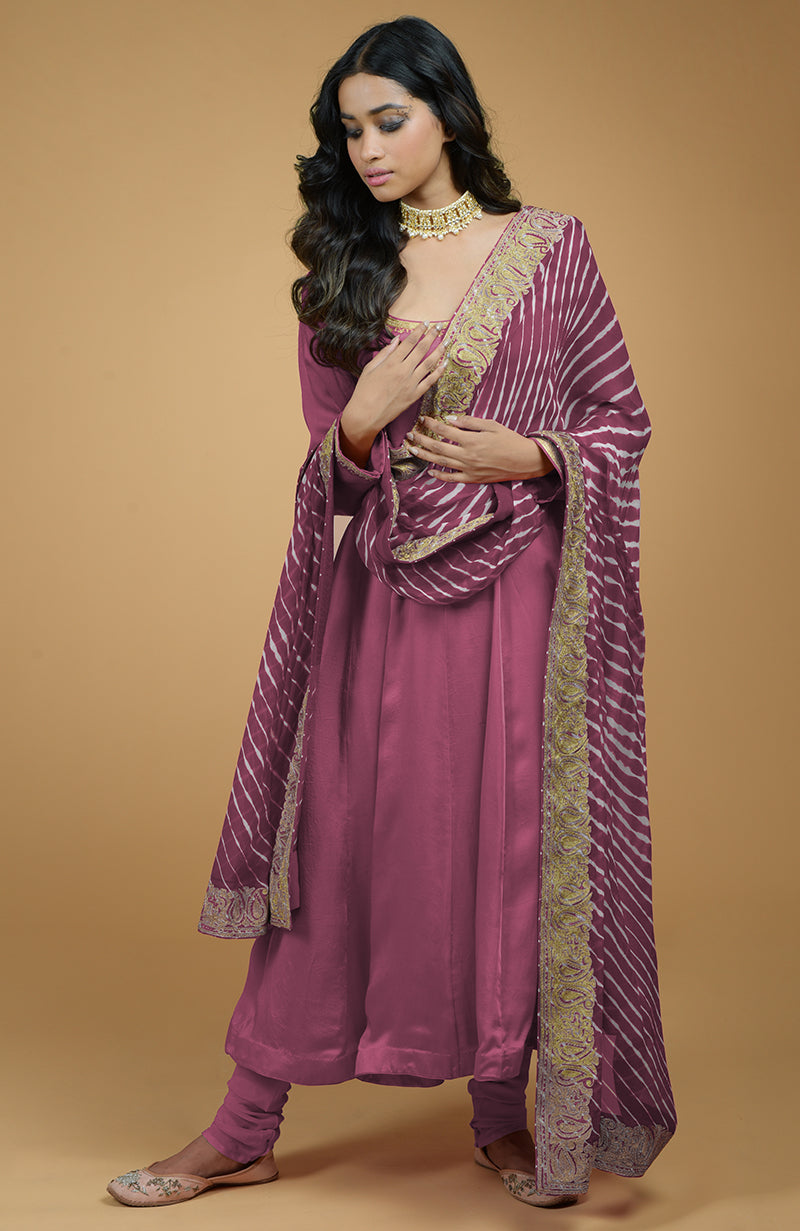 Lavender Leheriya-Tilla Embroidered Dupatta With Anarkali Set