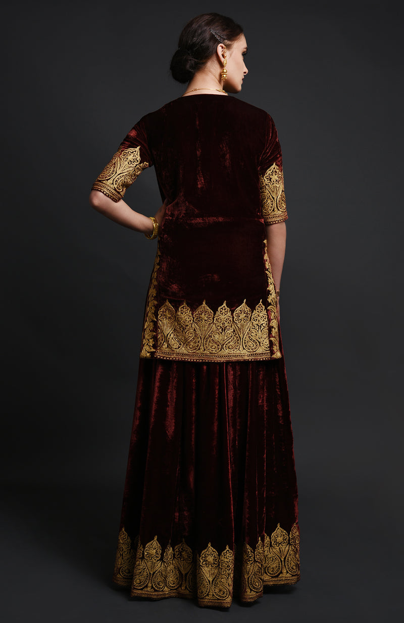 Burgundy Kashmiri Tilla Aari Embroidered Lehenga Set