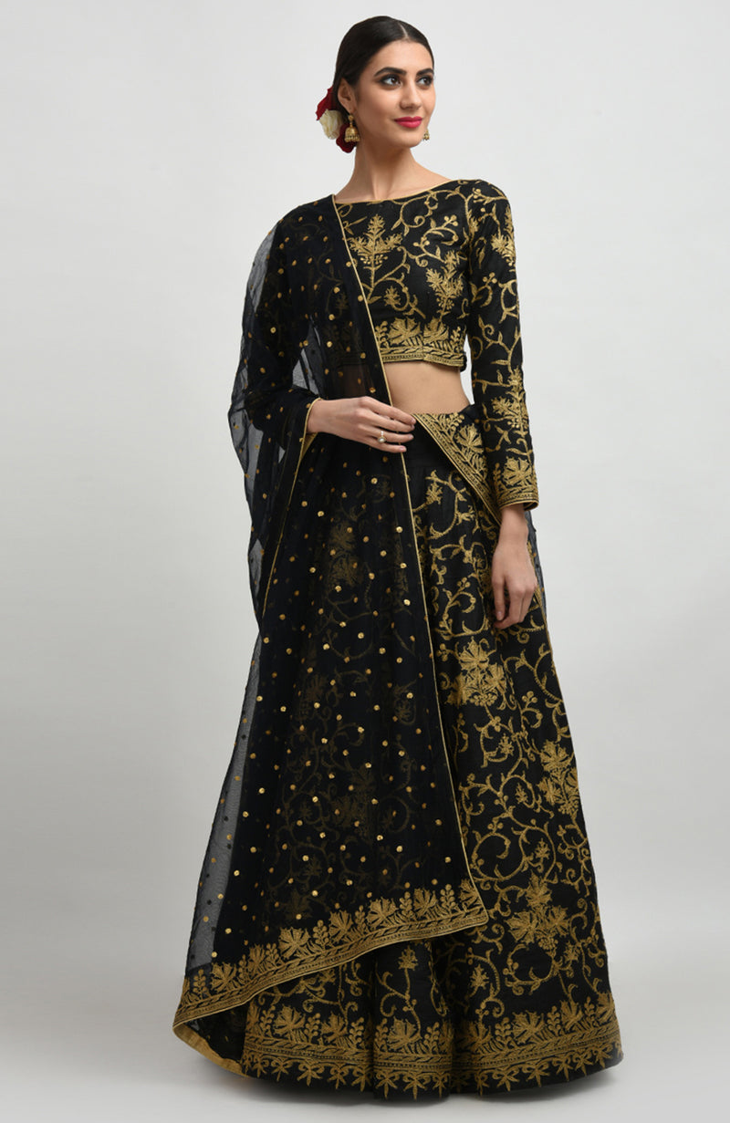 Black Gold Tilla Aari Embroidered Raw Silk Lehenga Set