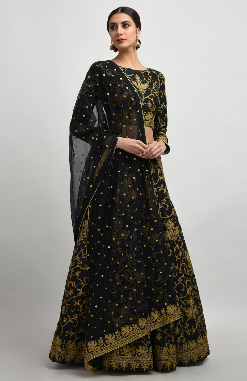 Black Gold Tilla Aari Embroidered Raw Silk Lehenga Set