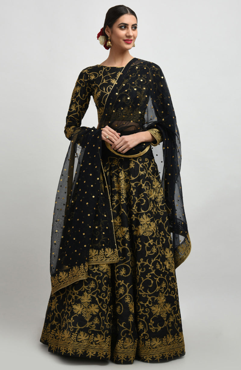 Black Gold Tilla Aari Embroidered Raw Silk Lehenga Set