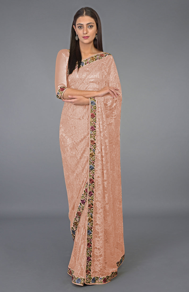 Rose Tan Parsi Gara Embroidered French Chantilly Lace Saree