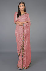 Rose Tan Parsi Gara Embroidered French Chantilly Lace Saree