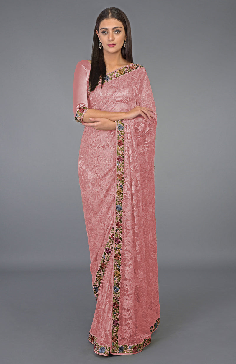 Rose Tan Parsi Gara Embroidered French Chantilly Lace Saree