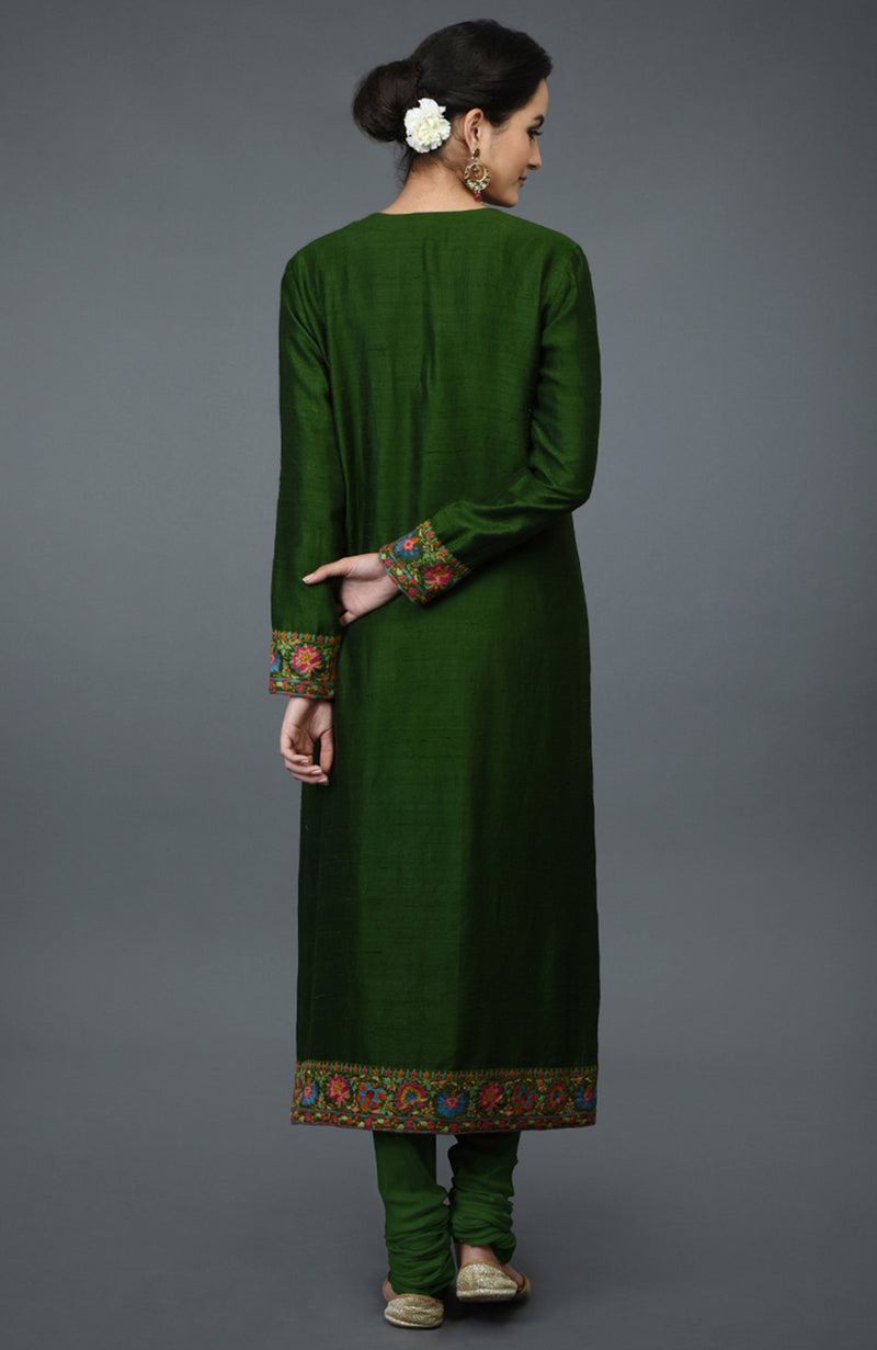 Moss Green Kashmiri Kashidakari Hand Embroidered Suit