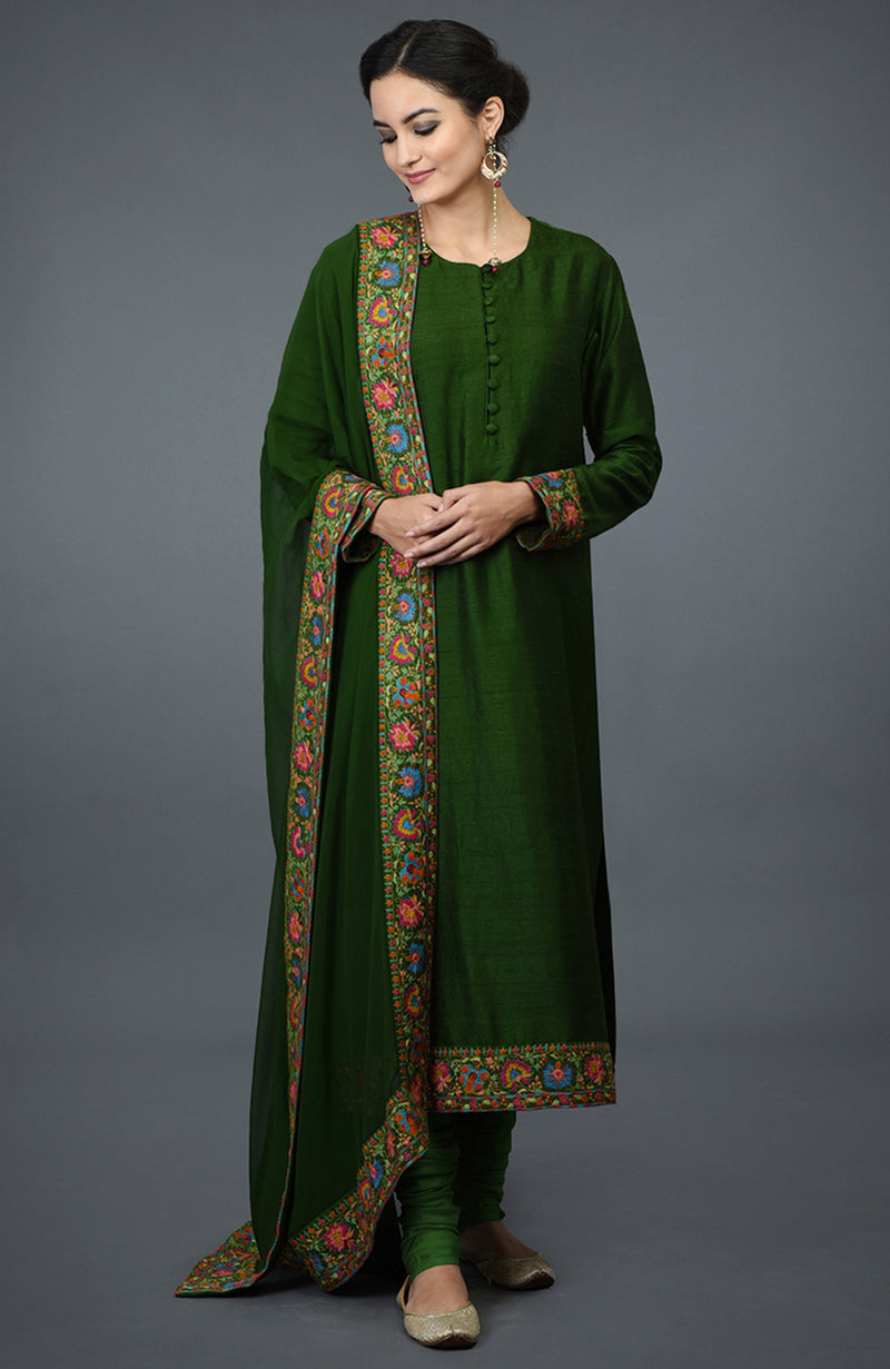 Moss Green Kashmiri Kashidakari Hand Embroidered Suit