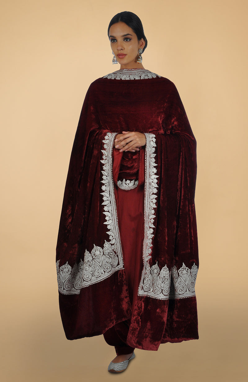 Burgundy Kashmiri Tilla Aari Embroidered Dupatta