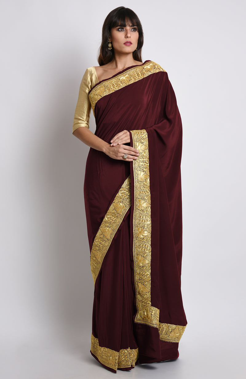 Burgundy Kashmiri Tilla Embroidered Pure Crepe Saree