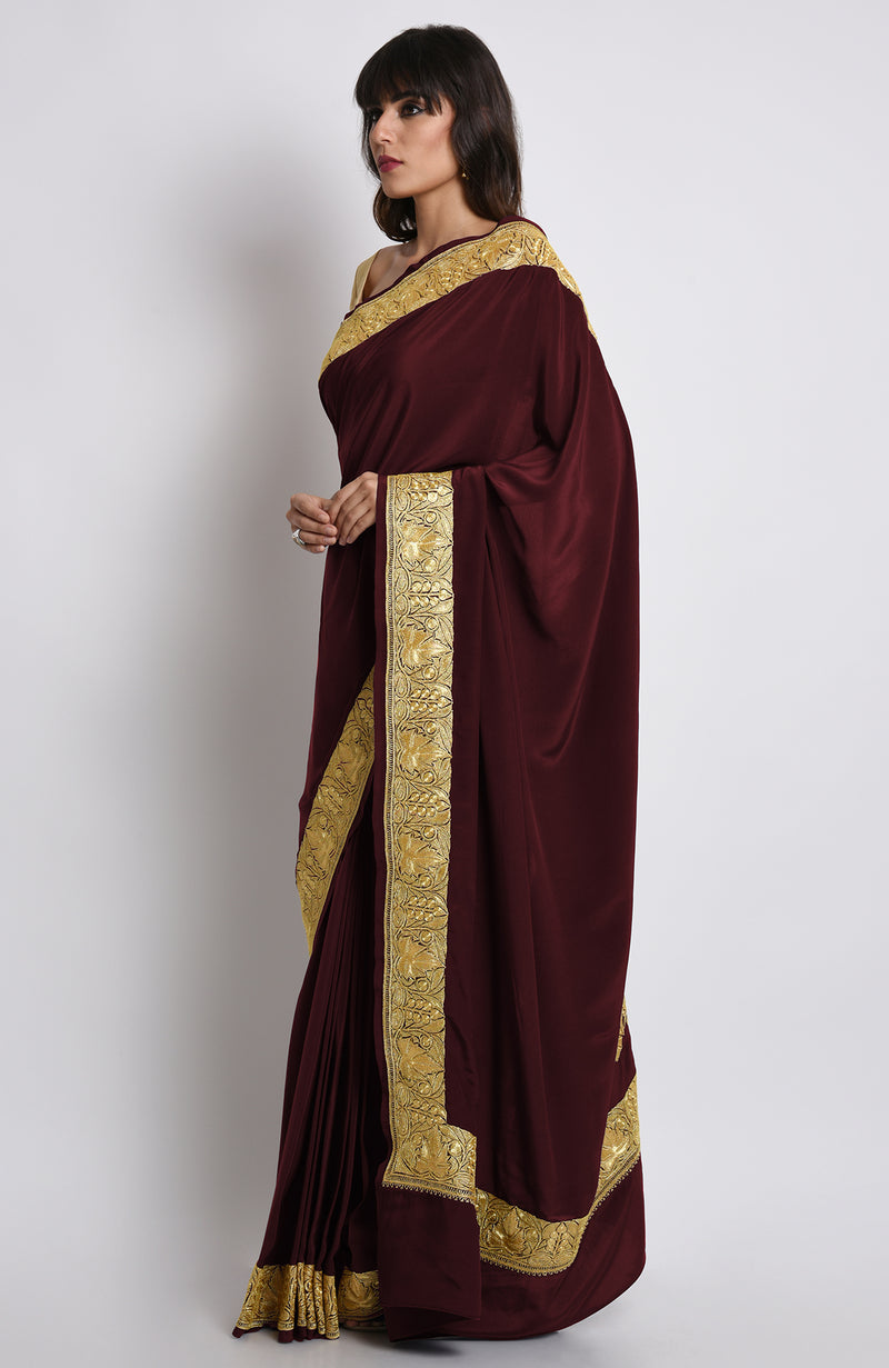 Burgundy Kashmiri Tilla Embroidered Pure Crepe Saree