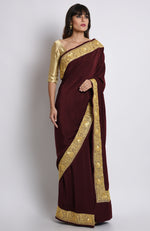 Burgundy Kashmiri Tilla Embroidered Pure Crepe Saree