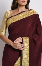 Burgundy Kashmiri Tilla Embroidered Pure Crepe Saree