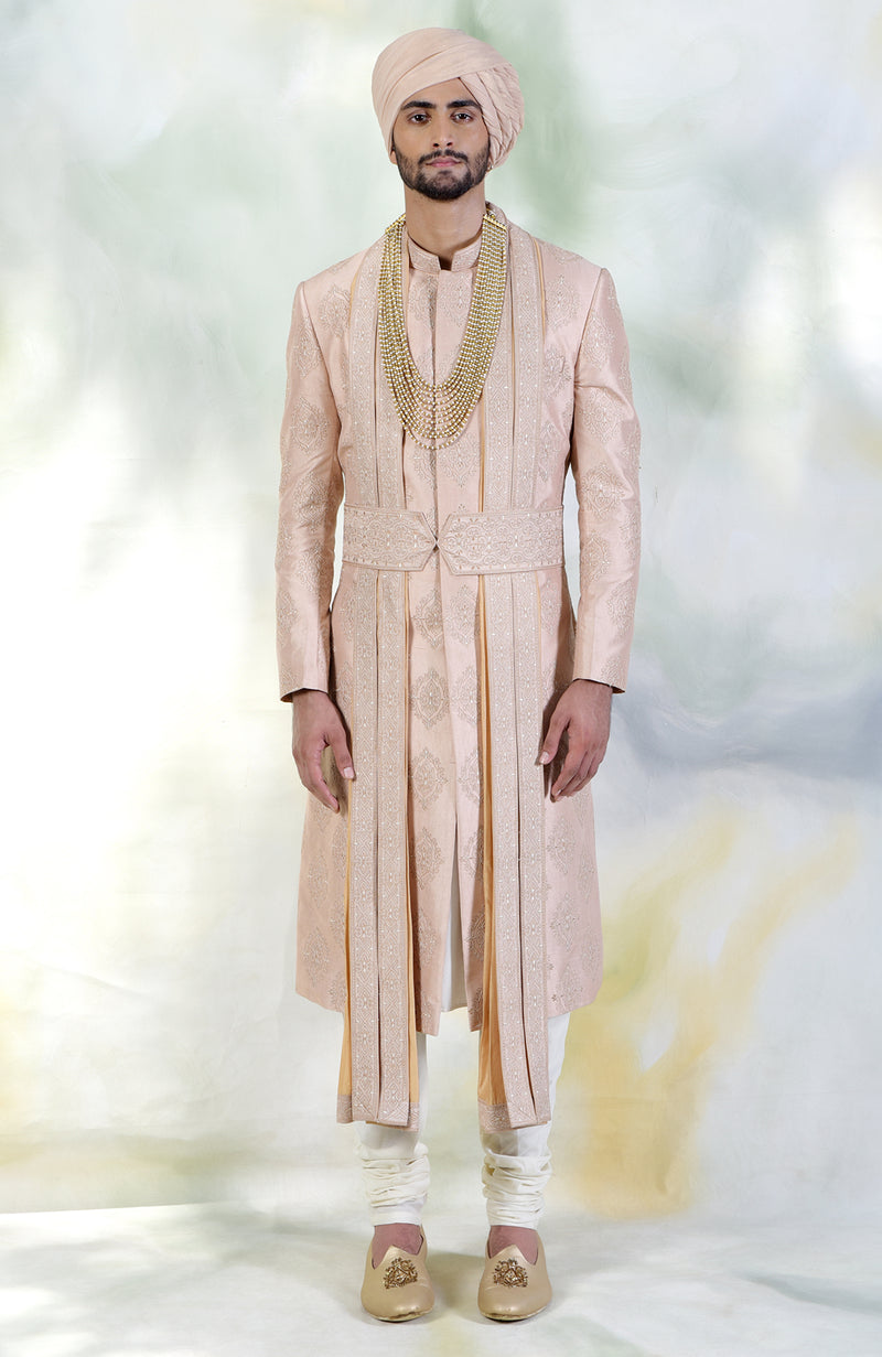 Love Comes Quietly Beige Rose Embroidered Sherwani Set