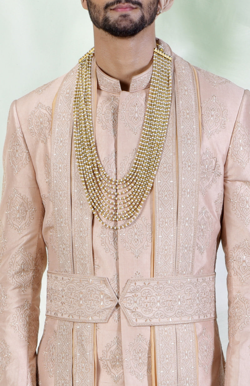 Love Comes Quietly Beige Rose Embroidered Sherwani Set