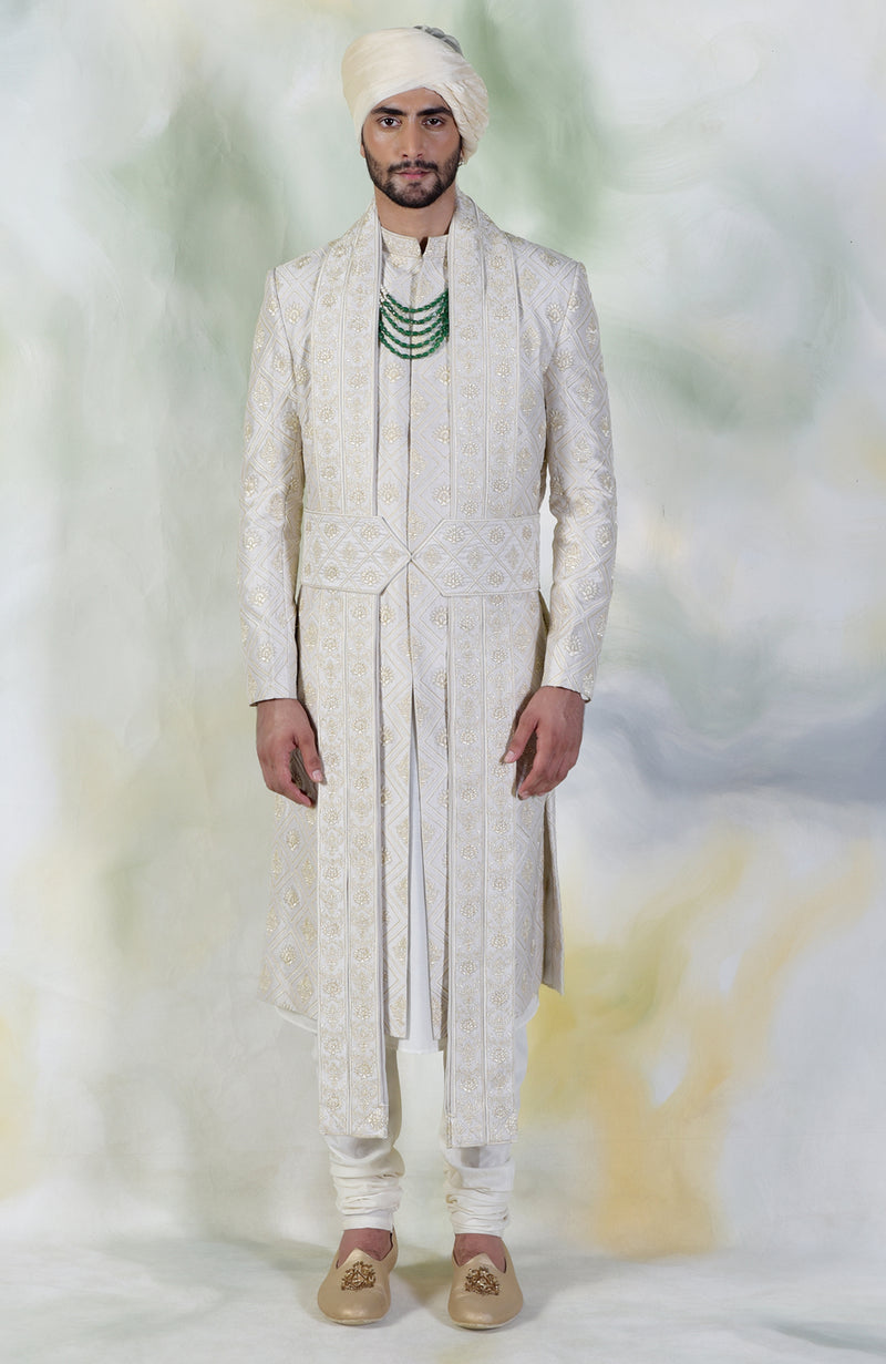 A Love Song Ivory Embroidered Sherwani Set