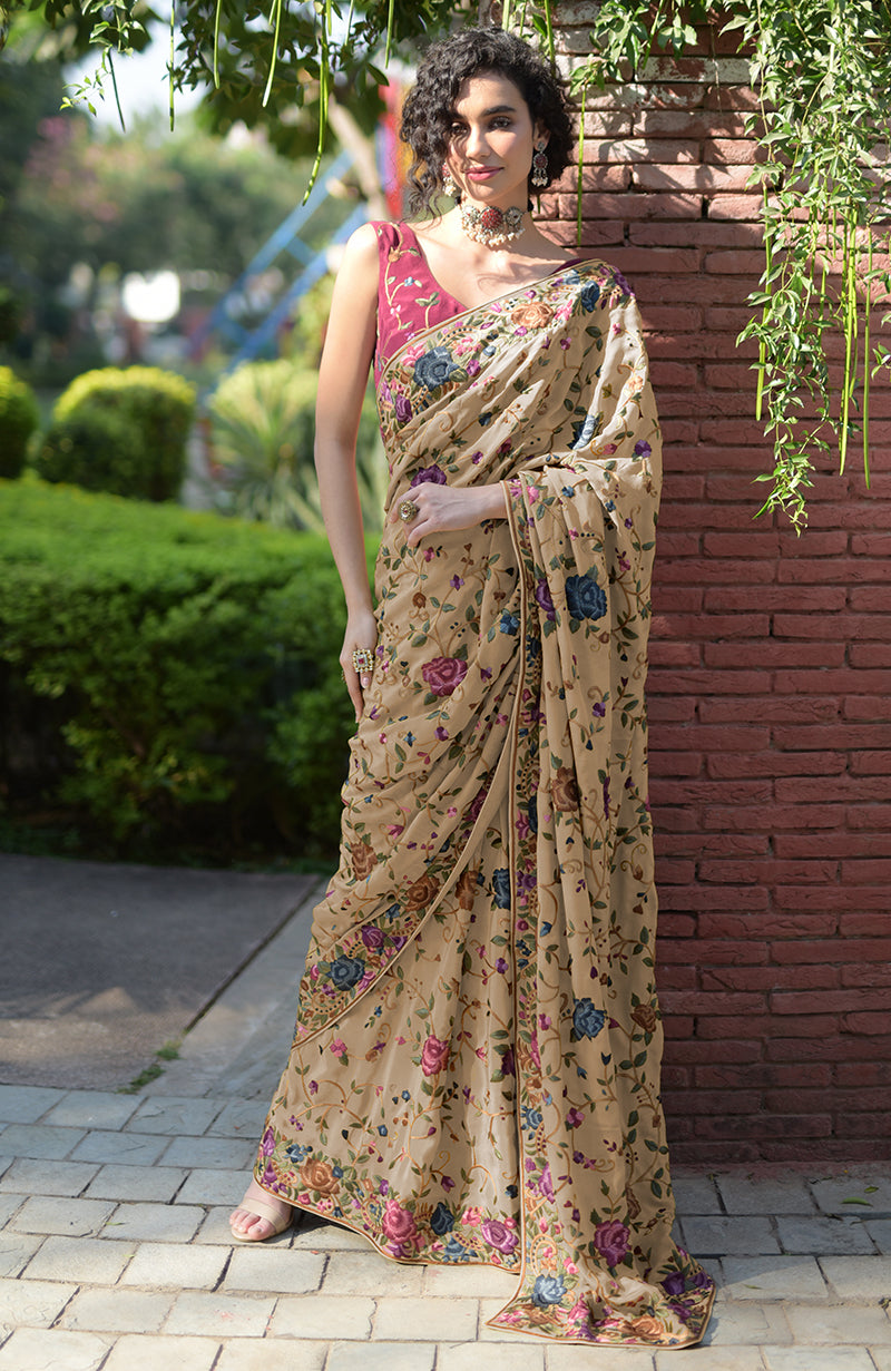 Masterpiece Cream Floral Parsi Gara Hand Embroidered Saree