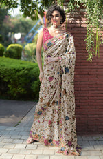 Masterpiece Cream Floral Parsi Gara Hand Embroidered Saree