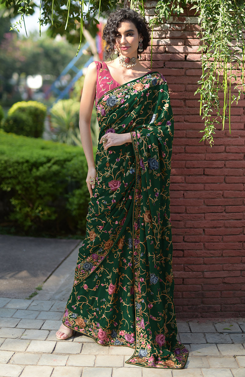 Masterpiece Calendula Floral Parsi Gara Hand Embroidered Saree