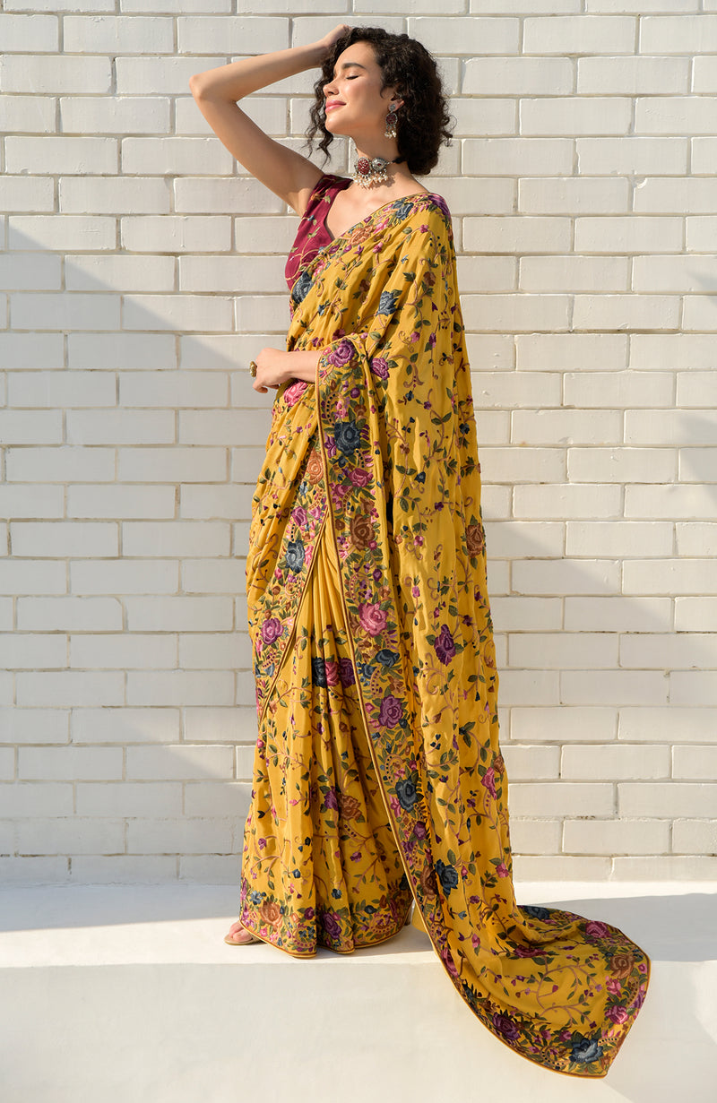 Masterpiece Calendula Floral Parsi Gara Hand Embroidered Saree