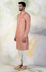 Peach Pintuck Zardozi Embroidered Sherwani Set