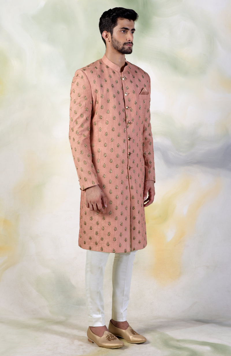 Peach Pintuck Zardozi Embroidered Sherwani Set