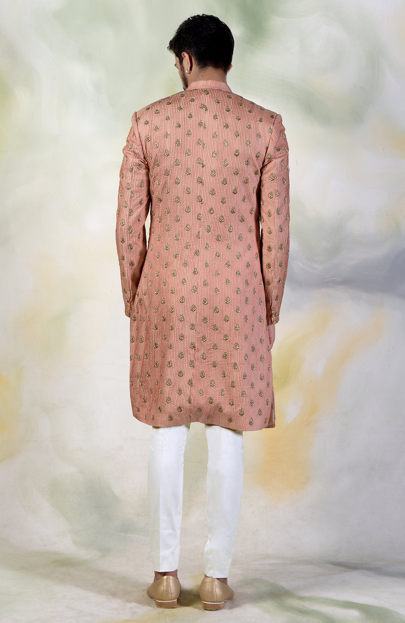 Peach Pintuck Zardozi Embroidered Sherwani Set