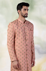 Peach Pintuck Zardozi Embroidered Sherwani Set