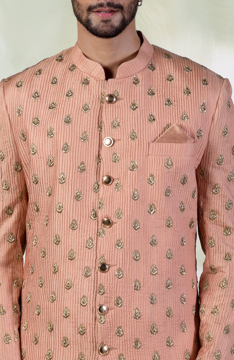 Peach Pintuck Zardozi Embroidered Sherwani Set