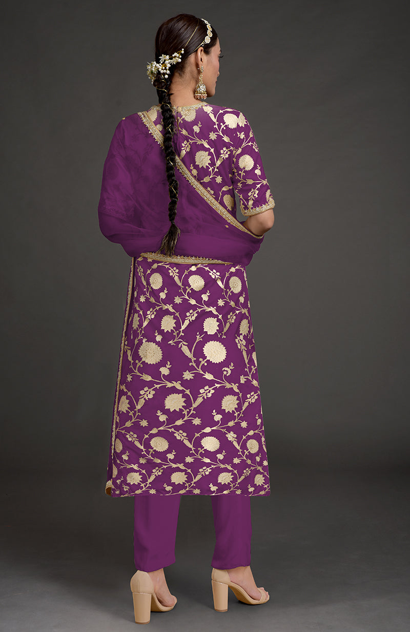 Purple Benarasi Weave Zardozi Kurta Set