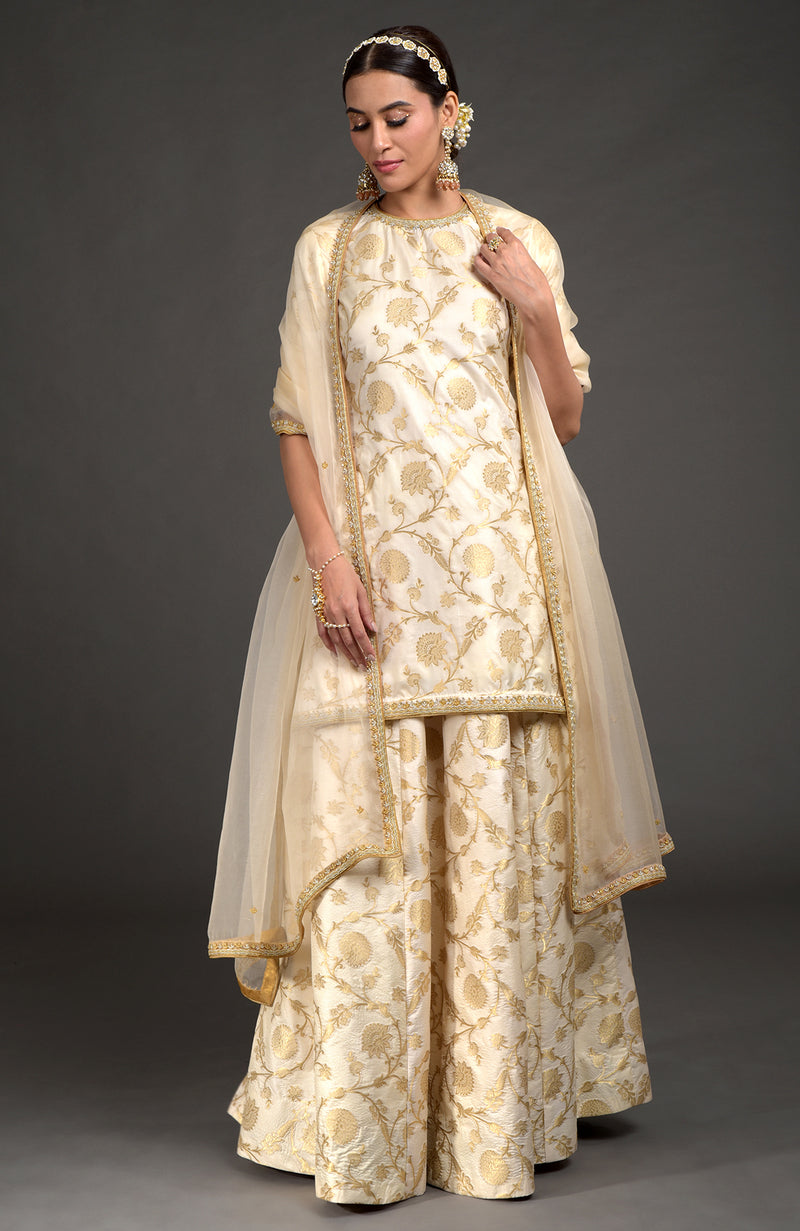 Ivory Benarasi Weave Zardozi Lehenga Set