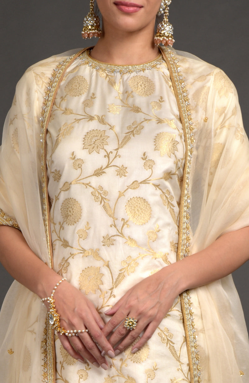 Ivory Benarasi Weave Zardozi Lehenga Set