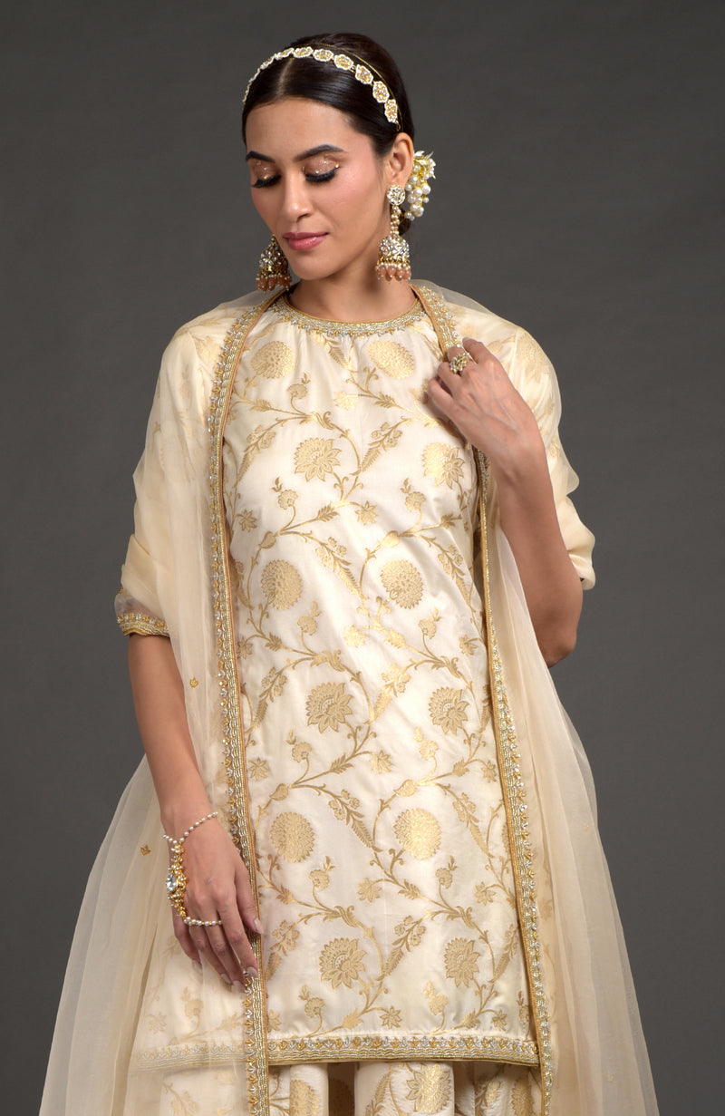 Ivory Benarasi Weave Zardozi Lehenga Set