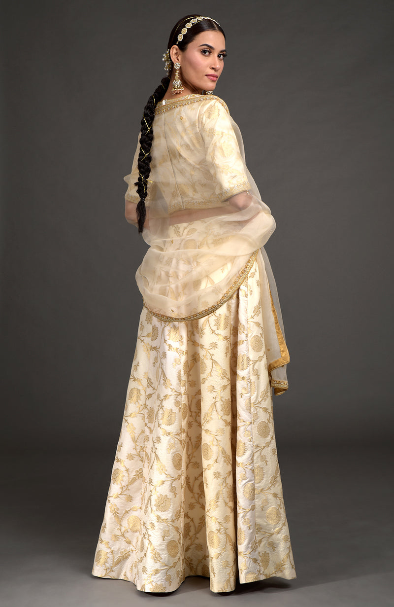 Ivory Benarasi Weave Zardozi Lehenga Set