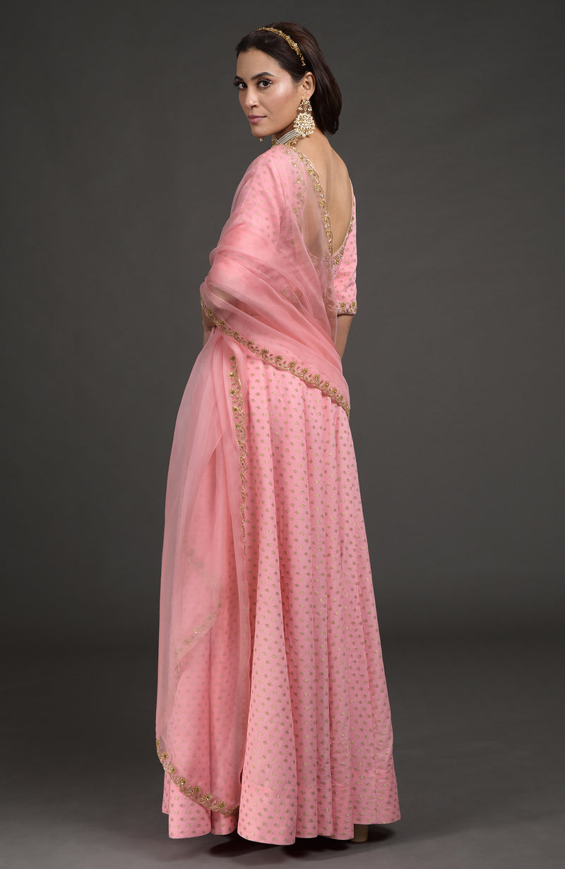 Strawberry Pink Benarasi Zardozi Embroidered Lehenga Set