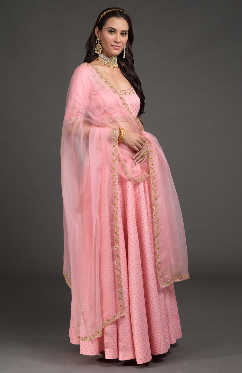 Strawberry Pink Benarasi Zardozi Embroidered Lehenga Set