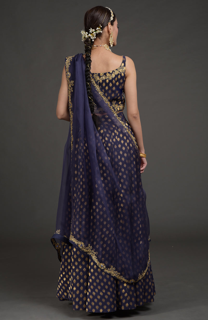 Eclipse Blue Benares Weave Zardozi Embroidered Lehenga Set