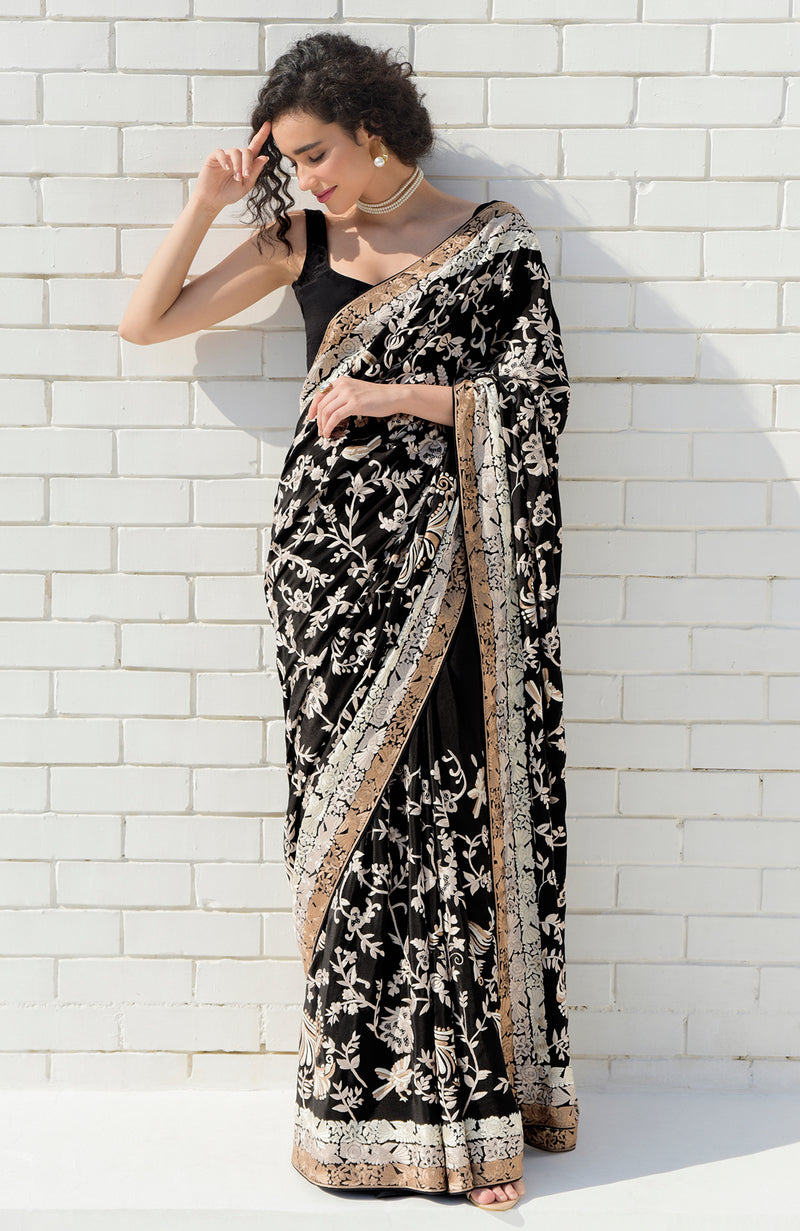 Black Pearl Masterpiece Parsi Gara Hand Embroidered Saree