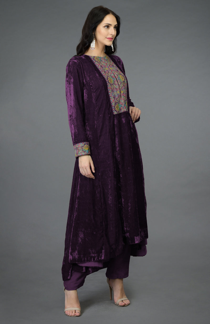 Plum Purple Kashmiri Kashidakari Hand Embroidered Kalidaar Kurta Set