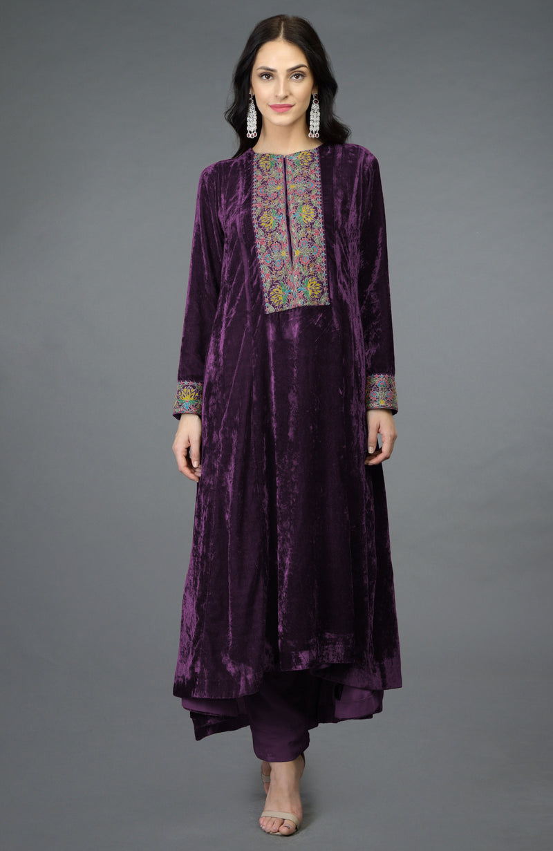 Plum Purple Kashmiri Kashidakari Hand Embroidered Kalidaar Kurta Set