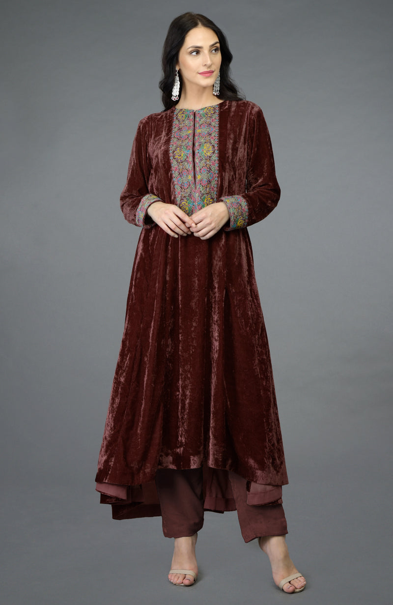 Plum Purple Kashmiri Kashidakari Hand Embroidered Kalidaar Kurta Set