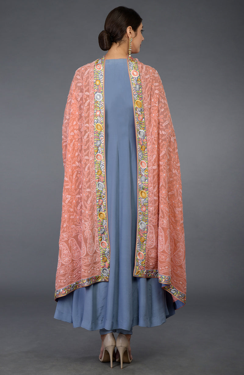 Grey-Peach Chikankari & Parsi Gara Embroidered Kurta Set