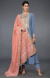 Grey-Peach Chikankari & Parsi Gara Embroidered Kurta Set