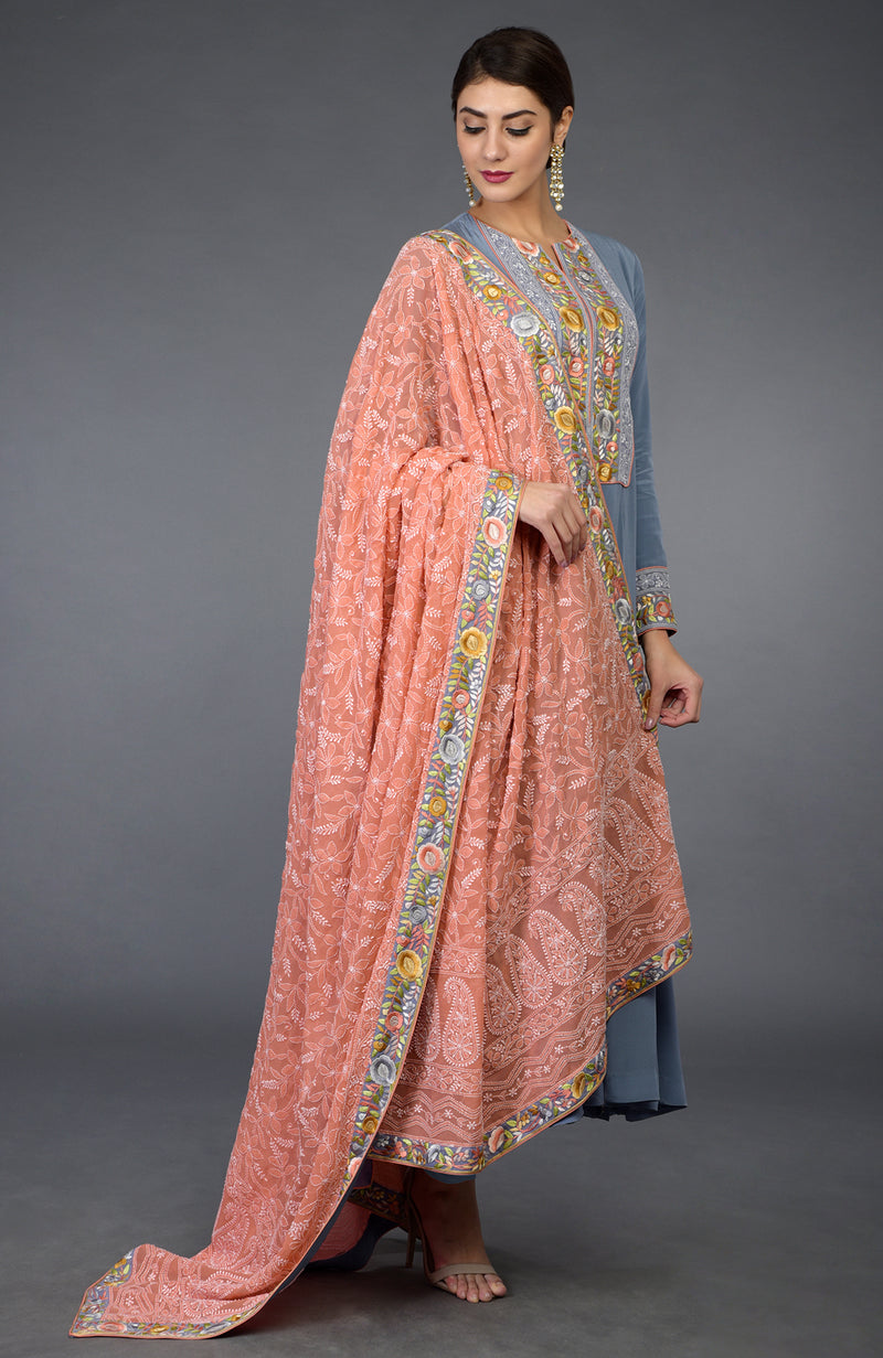 Grey-Peach Chikankari & Parsi Gara Embroidered Kurta Set