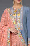 Grey-Peach Chikankari & Parsi Gara Embroidered Kurta Set