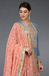 Grey-Peach Chikankari & Parsi Gara Embroidered Kurta Set