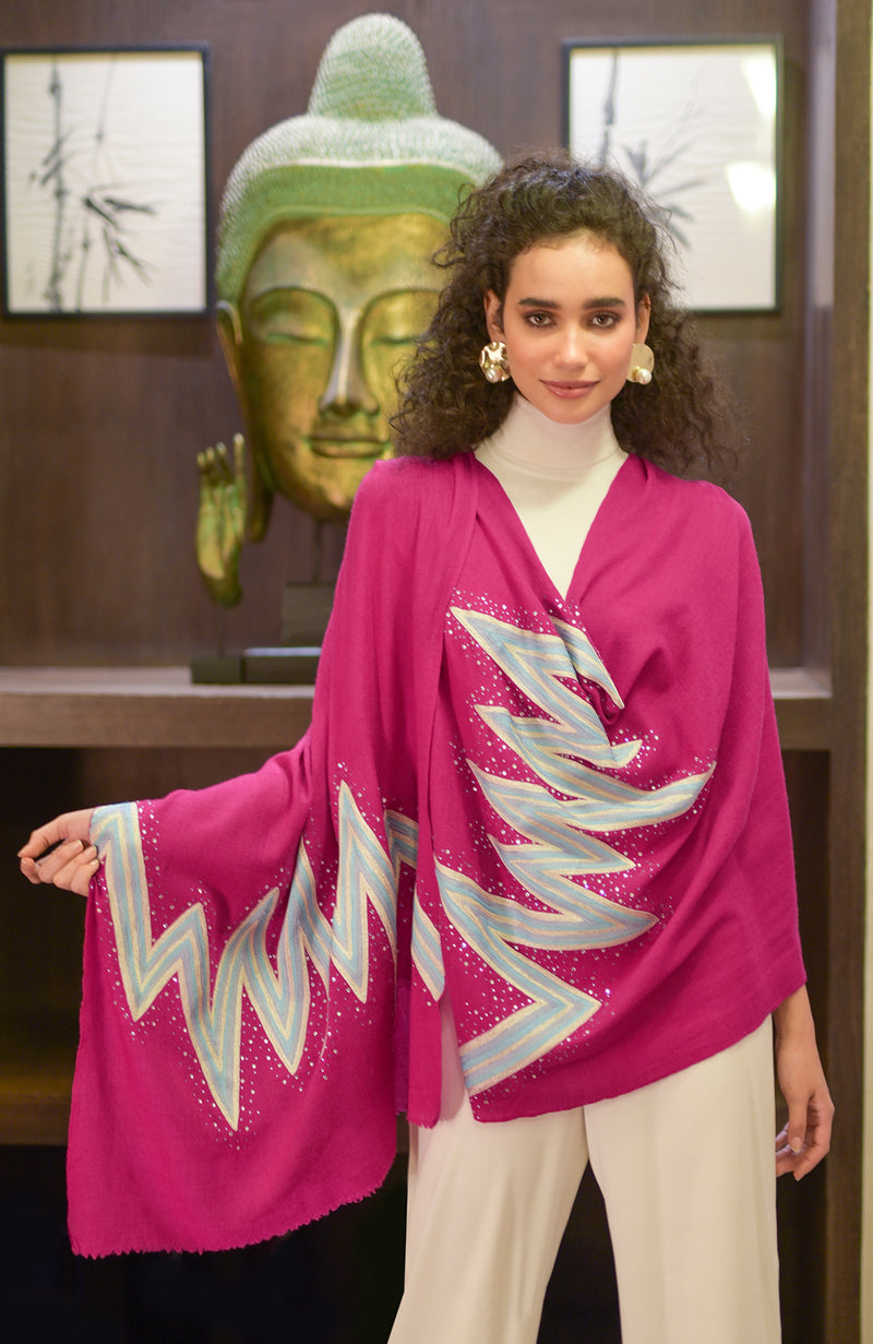 Frida Fuchsia Purple Chevron Thread & Swarovski Pure Cashmere Stole